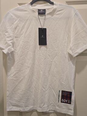 Porsche Design Mens White Crewneck T-Shirt with Red/Navy Plaid Design
